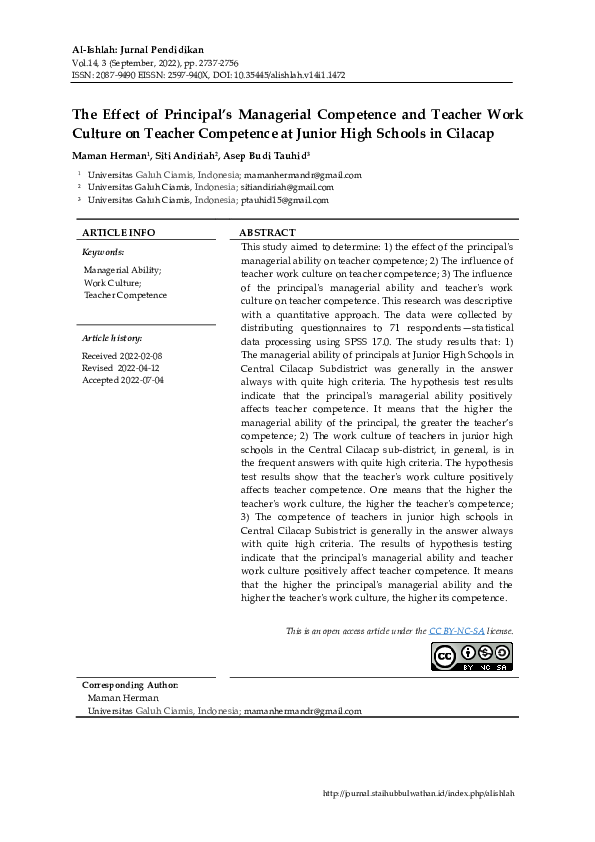 (PDF) The Effect of Principal’s Managerial Competence and Teacher Work ...