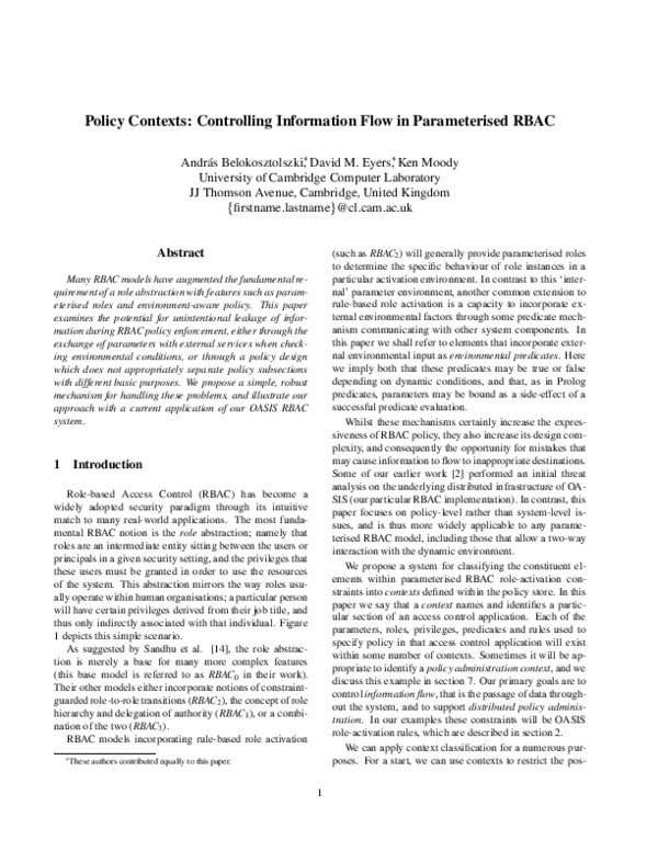 (PDF) Policy contexts: controlling information flow in parameterised RBAC