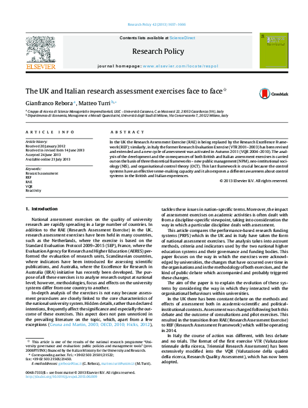 (PDF) The UK and Italian research assessment exercises face to face
