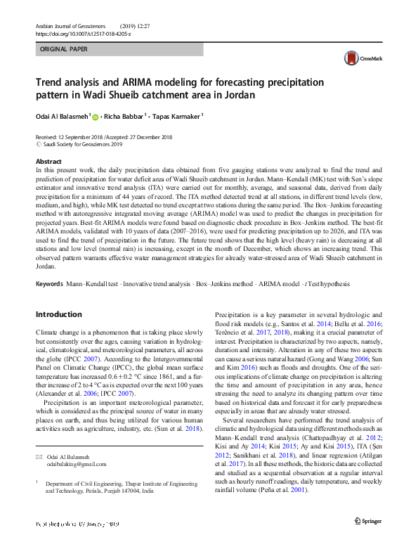 (PDF) Trend analysis and ARIMA modeling for forecasting precipitation ...
