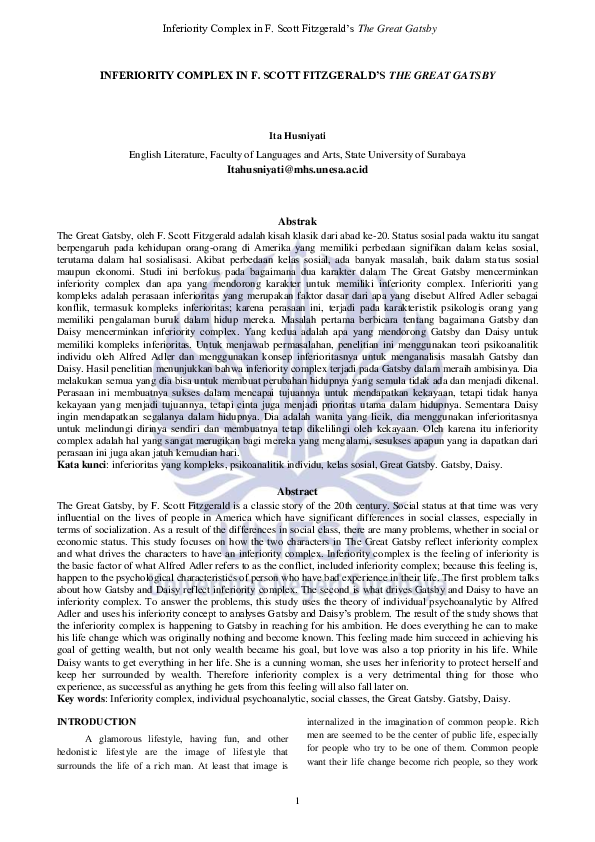 (PDF) Inferiority Complex in F Scott Fitzgeralds the Great Gatsby