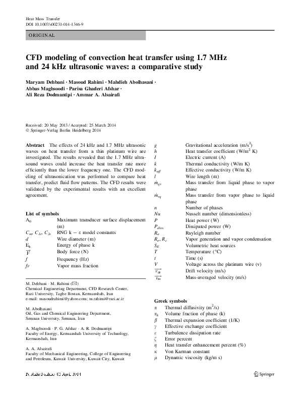 (PDF) CFD modeling of convection heat transfer using 1.7 MHz and 24 kHz ...