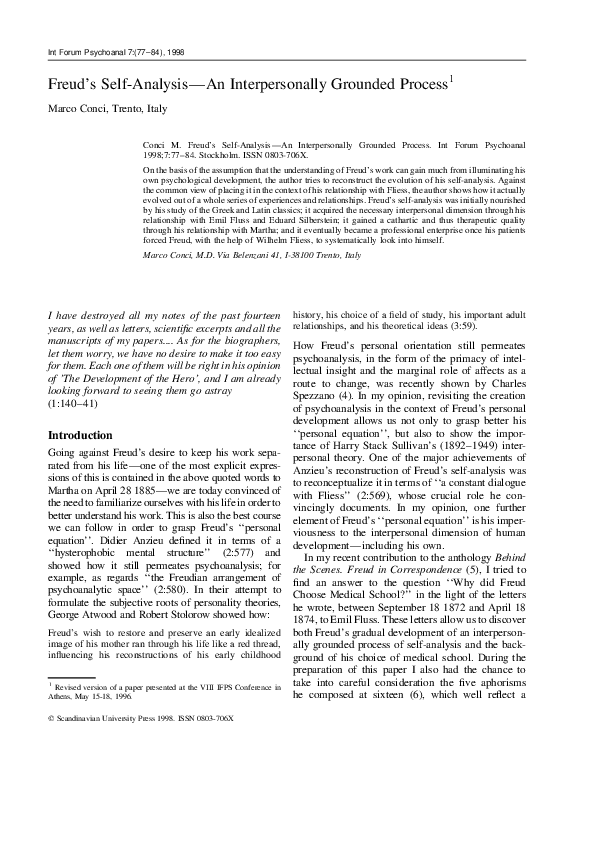 (PDF) Freud's Self-Analysis - An Interpersonally Grounded Process