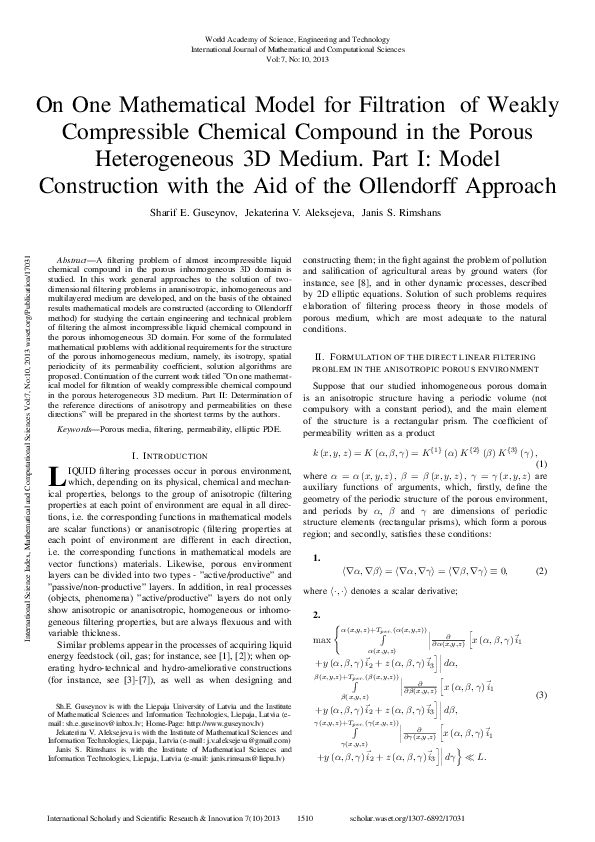 (PDF) On One Mathematical Model For Filtration Of Weakly Compressible ...