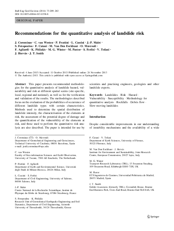 (PDF) Recommendations for the quantitative analysis of landslide risk