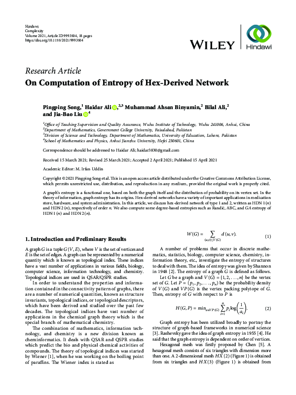 (PDF) On Computation of Entropy of Hex-Derived Network