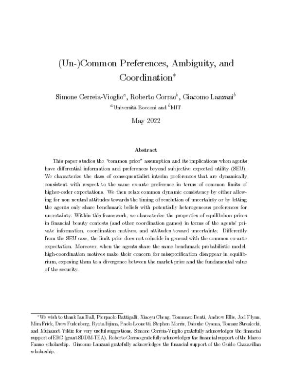 (PDF) (Un-)Common Preferences, Ambiguity, and Coordination∗