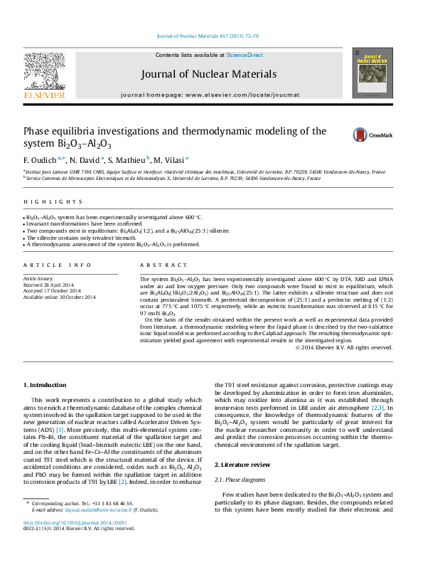 (PDF) Phase equilibria investigations and thermodynamic modeling of the ...