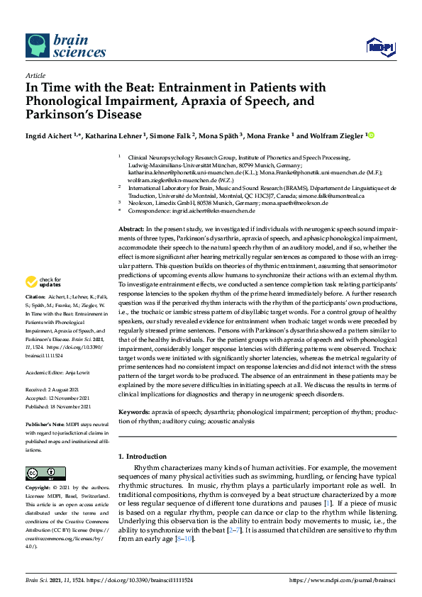 (PDF) In Time with the Beat: Entrainment in Patients with Phonological ...
