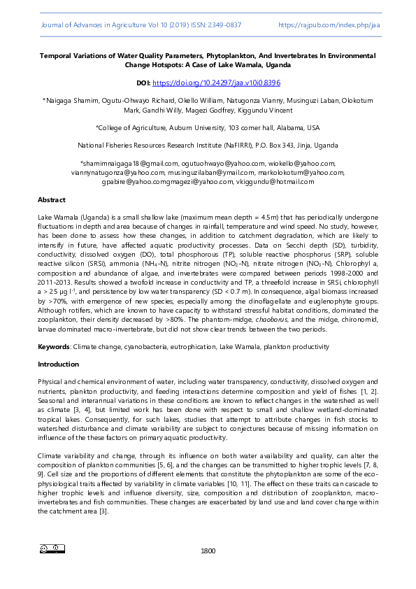 (PDF) Temporal Variations of Water Quality Parameters, Phytoplankton ...