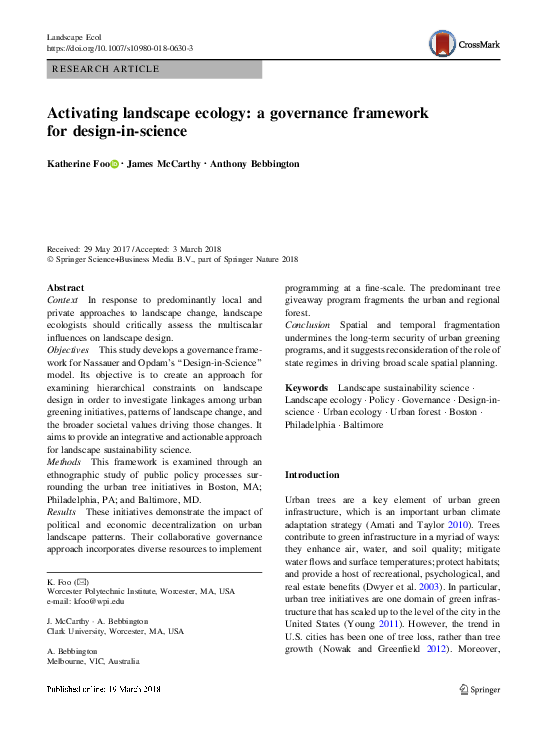 (PDF) Activating landscape ecology: a governance framework for design ...