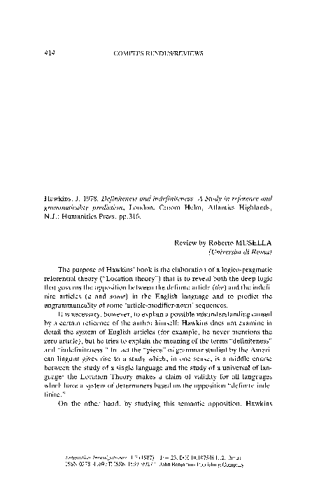 (PDF) Hawkins, J. 1978. Definiteness and indefiniteness. A Study in ...