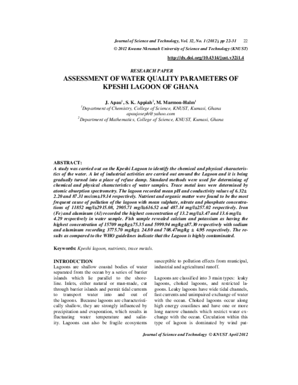 (PDF) Assessment of Water Quality Parameters of Kpeshie Lagoon of Ghana