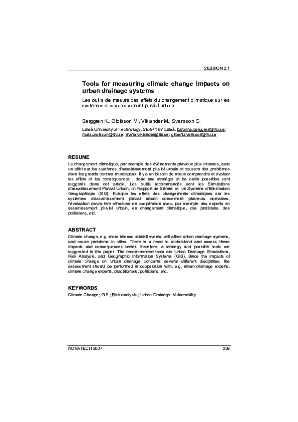 (PDF) Tools for measuring climate change impacts on urban drainage systems