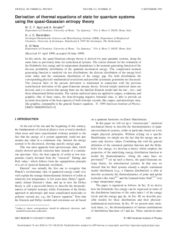 (PDF) Derivation of thermal equations of state for quantum systems ...