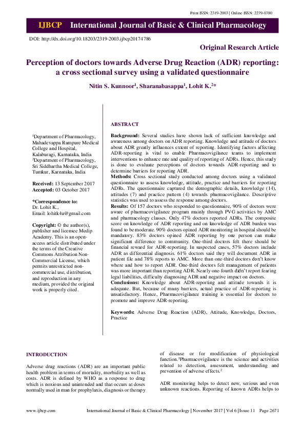 (PDF) Perception of doctors towards Adverse Drug Reaction (ADR ...