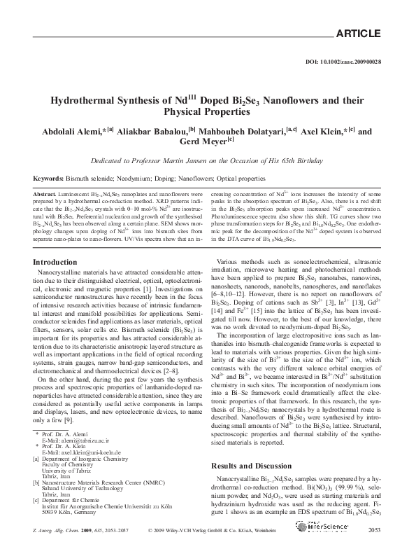 (PDF) Hydrothermal Synthesis of NdIIIDoped Bi2Se3Nanoflowers and their ...