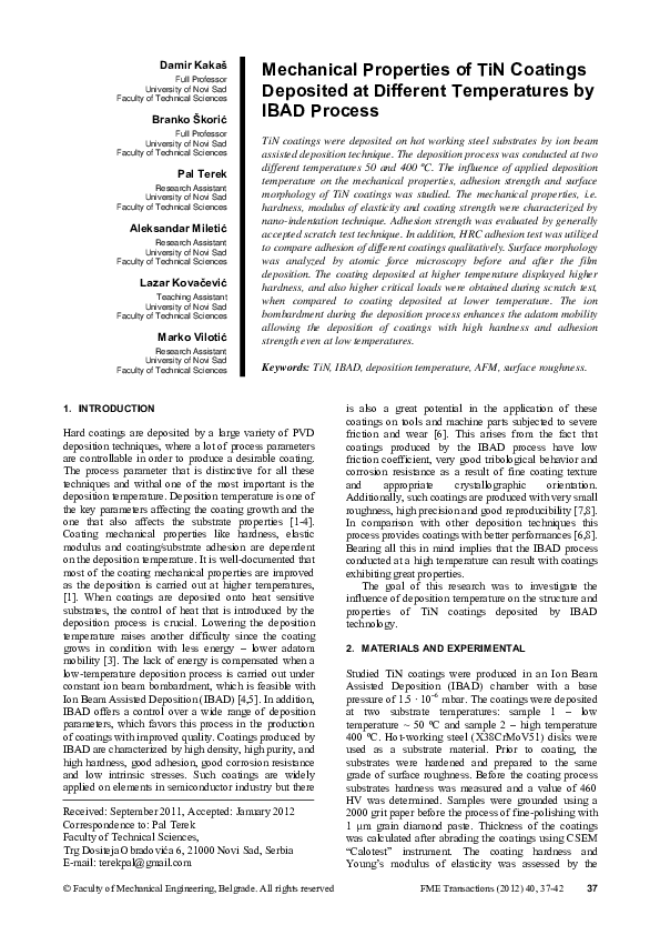 (PDF) Mechanical Properties of TiN Coatings Deposited at Different ...
