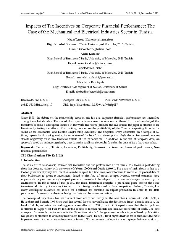 (PDF) Impacts of Tax Incentives on Corporate Financial Performance: The ...