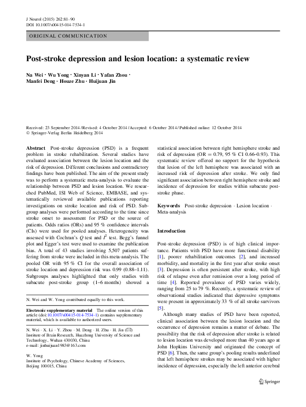 (PDF) Post-stroke depression and lesion location: a systematic review