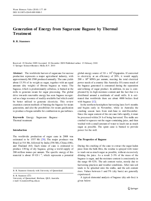 (PDF) Generation of Energy from Sugarcane Bagasse by Thermal Treatment