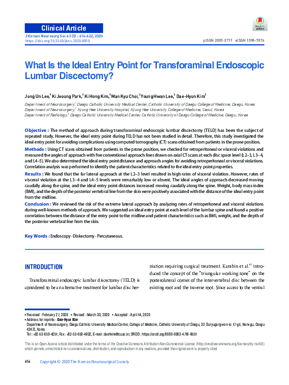 (PDF) What Is the Ideal Entry Point for Transforaminal Endoscopic