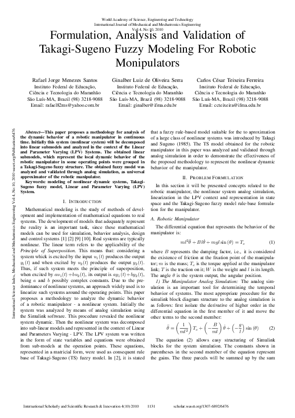 (PDF) Formulation, Analysis And Validation Of Takagi-Sugeno Fuzzy ...