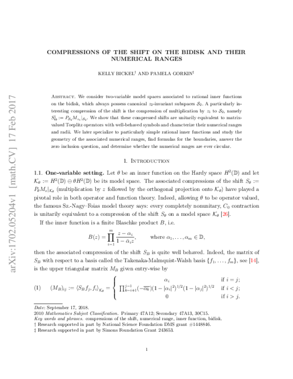 (PDF) Compressions of the Shift on the Bidisk and their Numerical Ranges