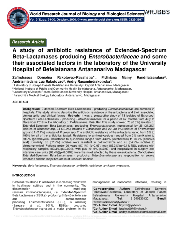 (PDF) A study of antibiotic resistance of Extended-Spectrum Beta ...