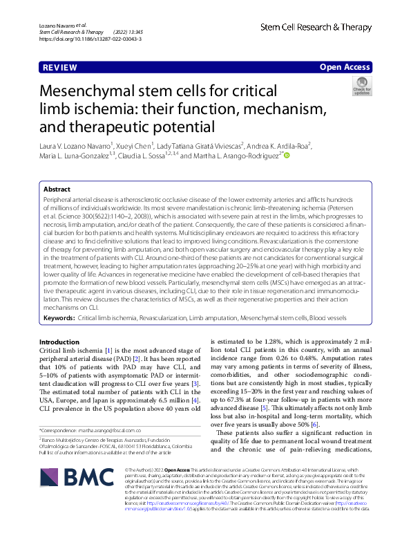 (PDF) Mesenchymal stem cells for critical limb ischemia: their function ...