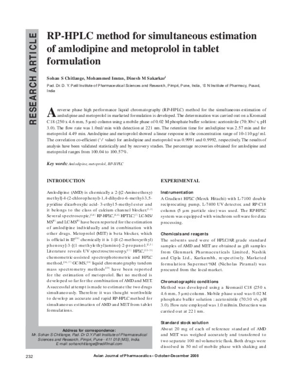 (PDF) RP-HPLC method for simultaneous estimation of amlodipine and ...