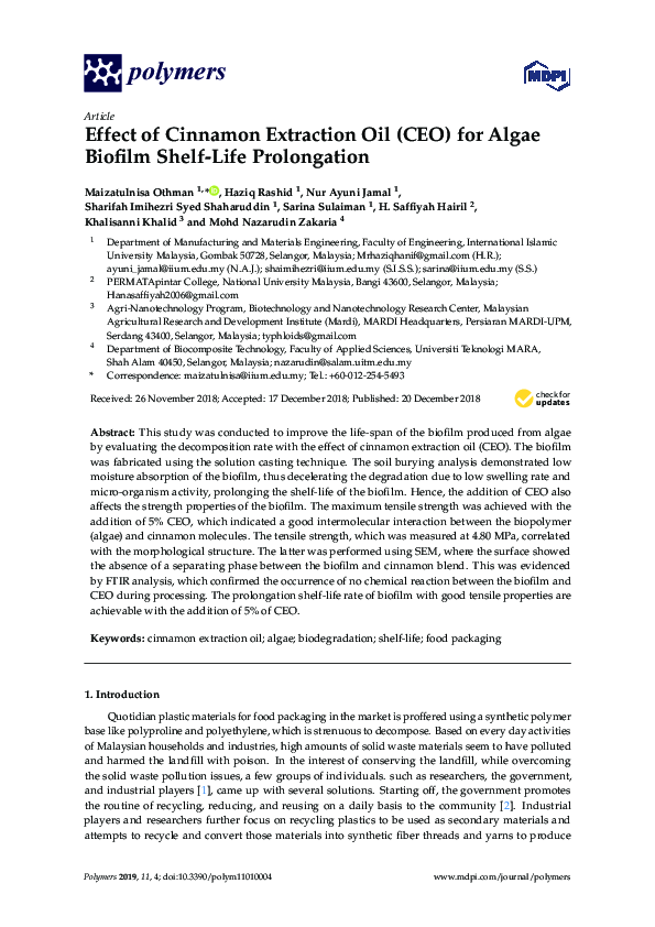 (PDF) Effect of Cinnamon Extraction Oil (CEO) for Algae Biofilm Shelf