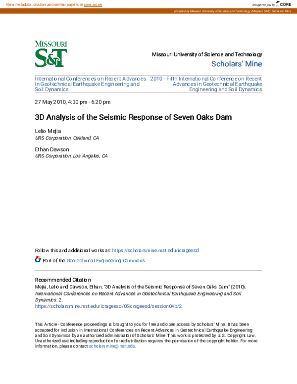 (PDF) 3D Analysis of the Seismic Response of Seven Oaks Dam