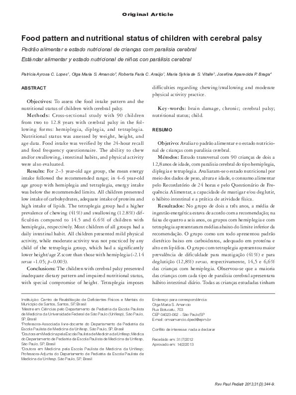 (PDF) Food pattern and nutritional status of children with cerebral palsy