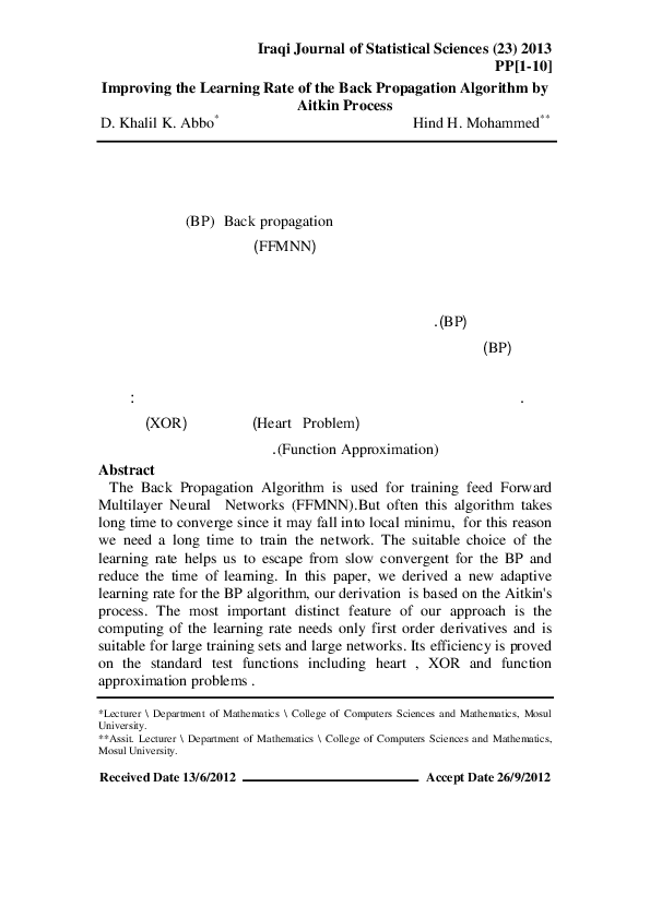 (PDF) Improving the Learning Rate of the Back Propagation Algorithm by ...