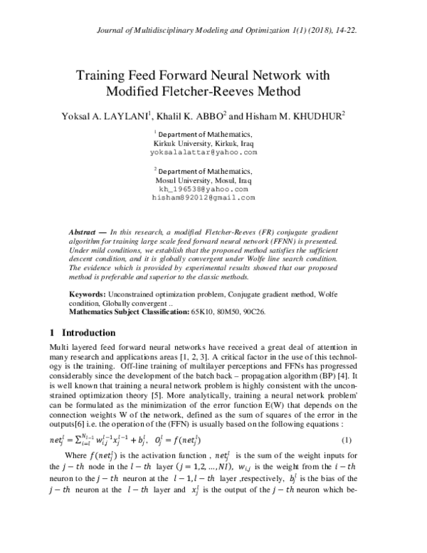 (PDF) Training Feed Forward Neural Network with Modified Fletcher