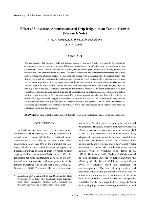 (PDF) Effect of Subsurface Amendments and Drip Irrigation on Tomato ...