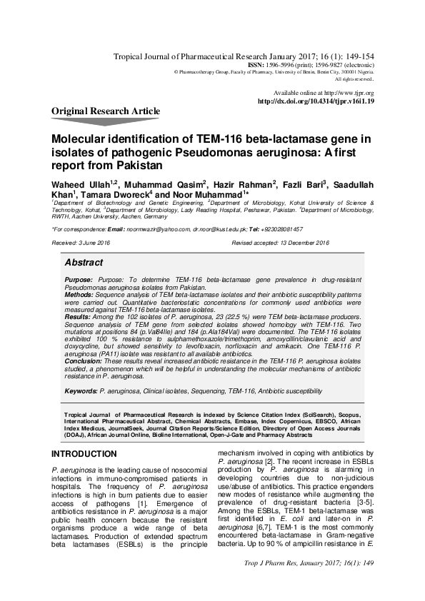(PDF) Molecular identification of TEM-116 beta-lactamase gene in ...