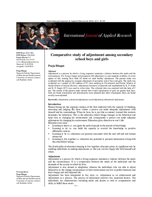 (PDF) Comparative study of adjustment among secondary school boys and girls