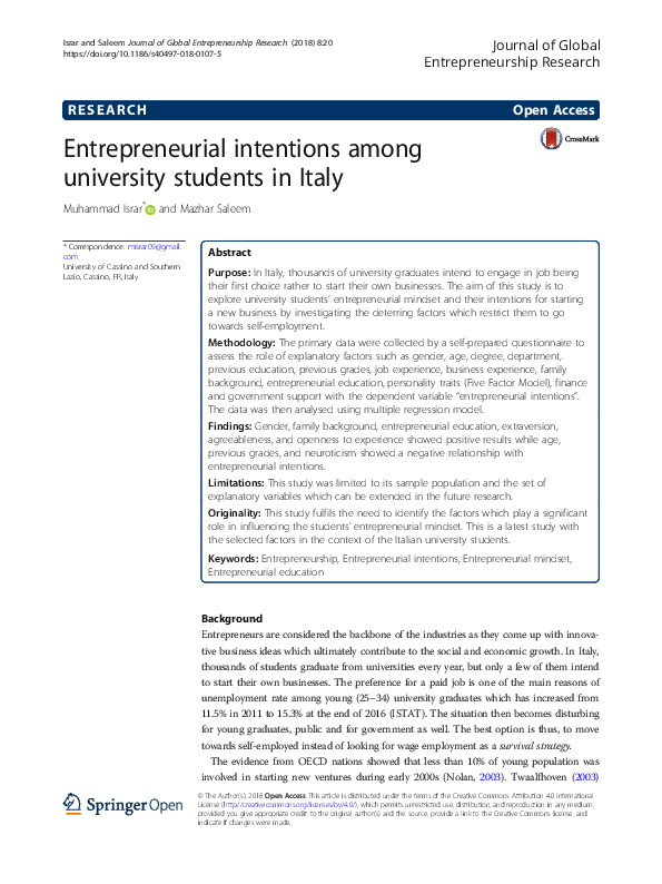 (PDF) Entrepreneurial intentions among university students in Italy