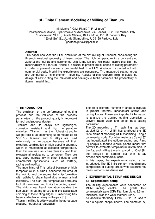 (PDF) 3D Finite Element Modeling of Milling of Titanium