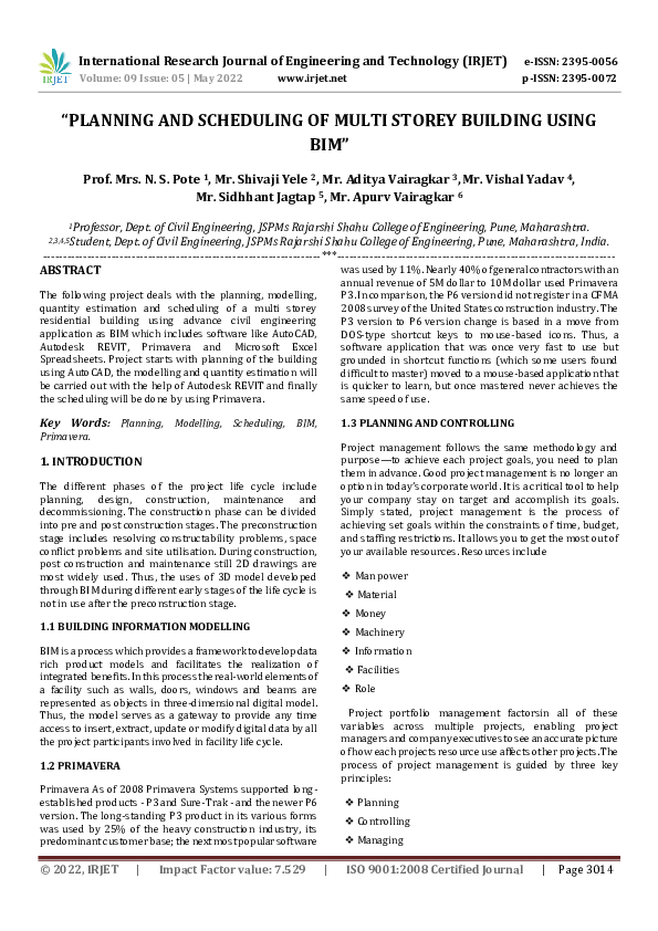 (PDF) "PLANNING AND SCHEDULING OF MULTI STOREY BUILDING USING BIM"