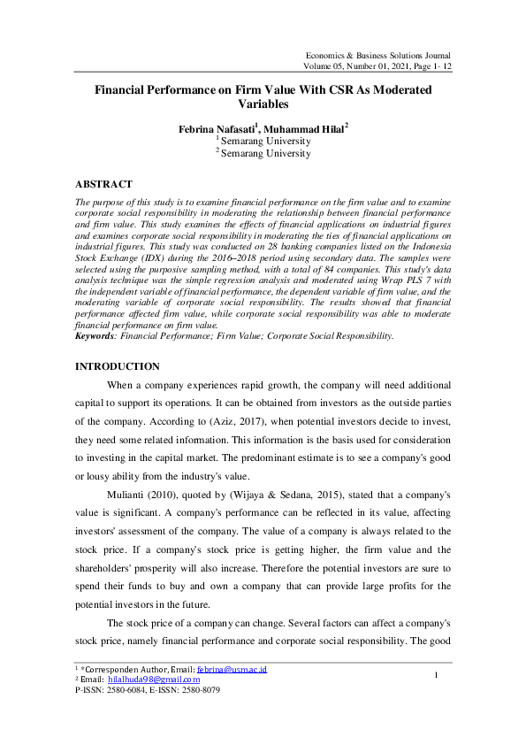 (PDF) The Effect of Financial Performance on Firm Value with Corporate ...