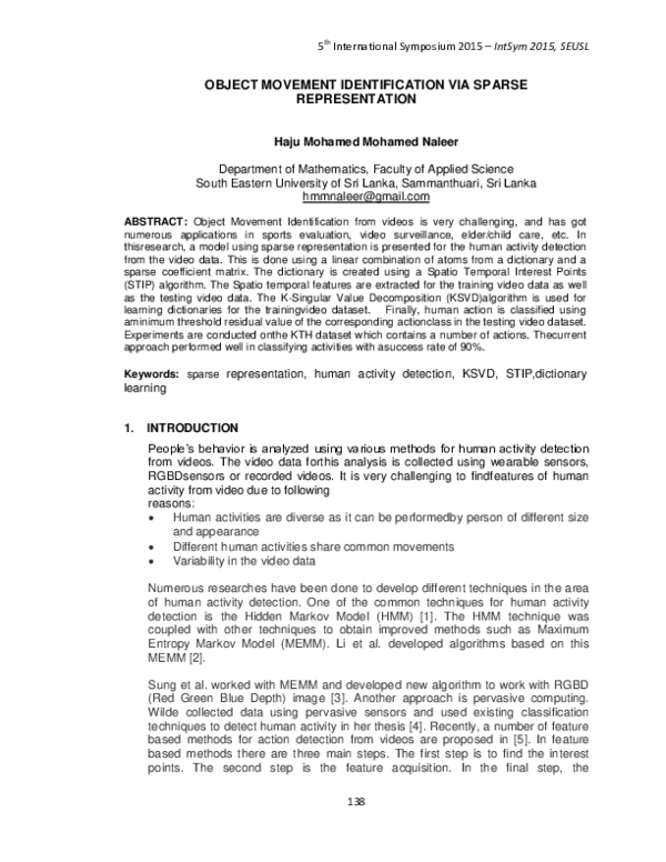 (PDF) Object movement identification via sparse representation