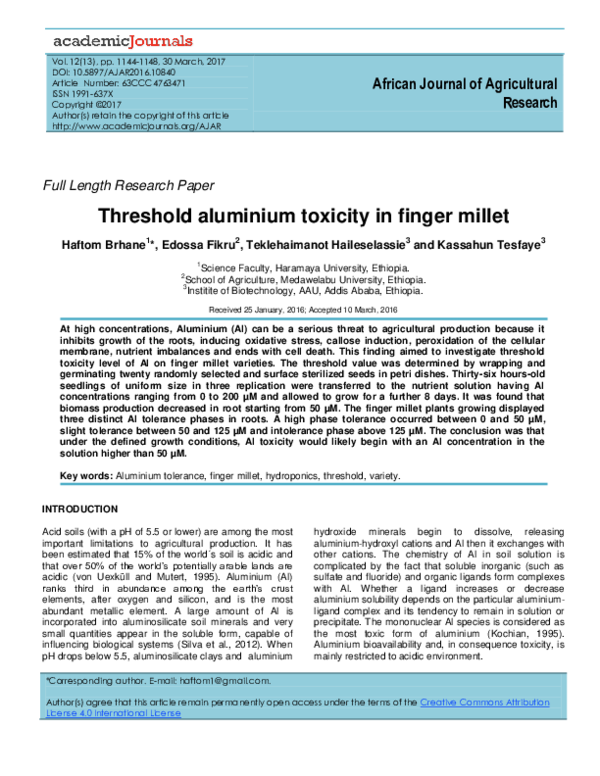 (PDF) Threshold aluminium toxicity in finger millet Tesfaye Kassahun