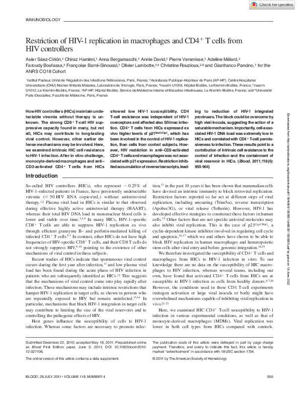 (PDF) Restriction of HIV-1 replication in macrophages and CD4+ T cells ...
