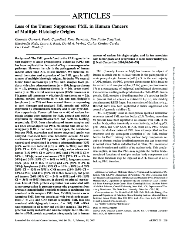 (PDF) Loss of the Tumor Suppressor PML in Human Cancers of Multiple ...