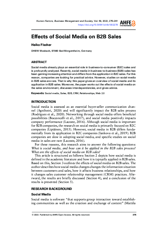 (PDF) Effects of Social Media on B2B Sales