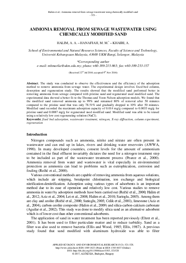 (PDF) Ammonia Removal from Sewage Wastewater Using Chemically Modified Sand