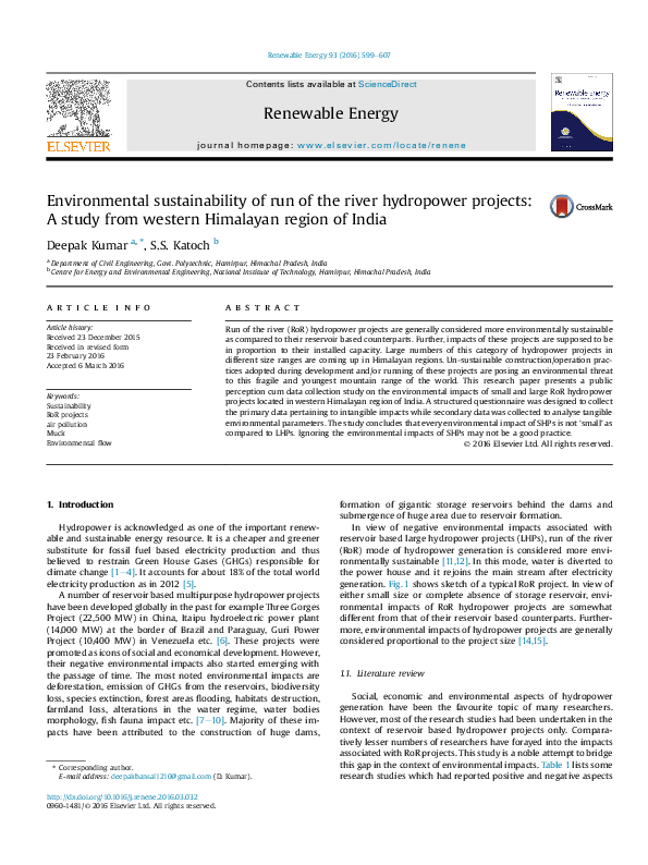 (PDF) Environmental sustainability of run of the river hydropower ...